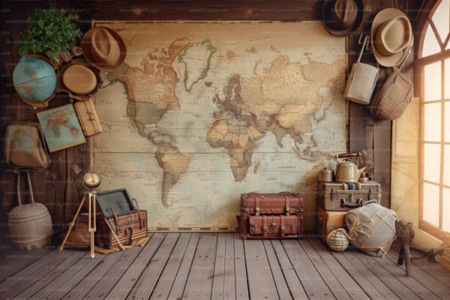 Retratos del Viajero, colección con accesorios como mapas antiguos y brújulas, ideal para capturar la esencia de los viajes y aventuras históricas.