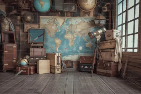 Retratos del Viajero, colección con accesorios como mapas antiguos y brújulas, ideal para capturar la esencia de los viajes y aventuras históricas.